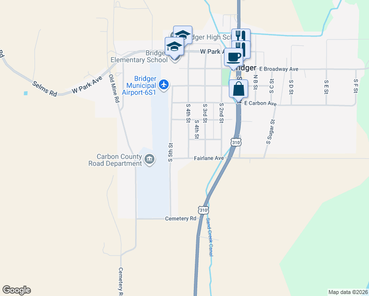 map of restaurants, bars, coffee shops, grocery stores, and more near 502 South 4th Street in Bridger