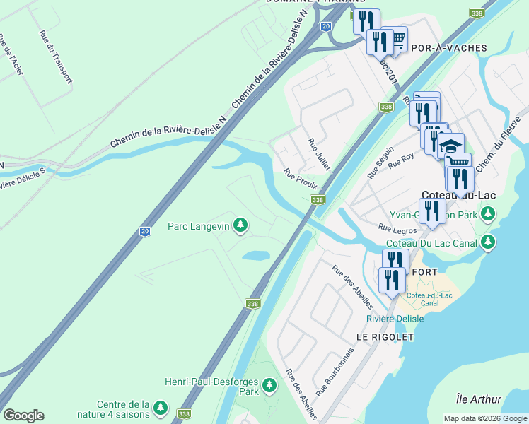 map of restaurants, bars, coffee shops, grocery stores, and more near 27 Rue Omer-Lecompte in Coteau-du-Lac