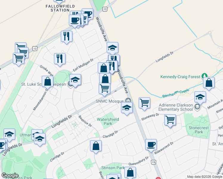 map of restaurants, bars, coffee shops, grocery stores, and more near 158 Woodpark Way in Ottawa