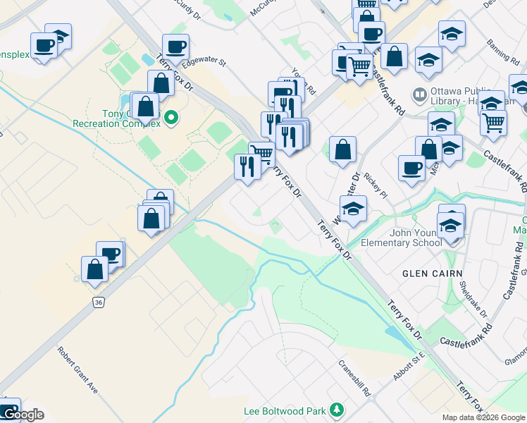 map of restaurants, bars, coffee shops, grocery stores, and more near 52 Kincardine Drive in Ottawa