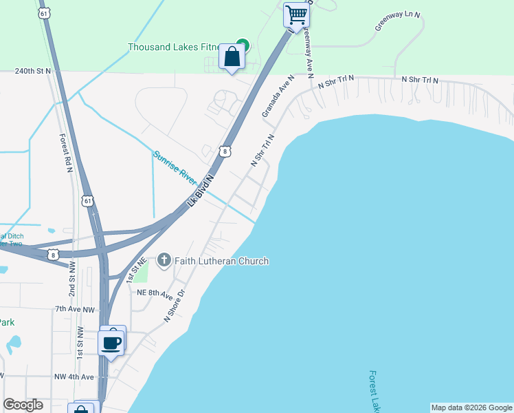 map of restaurants, bars, coffee shops, grocery stores, and more near 6497 236th Street Court North in Forest Lake