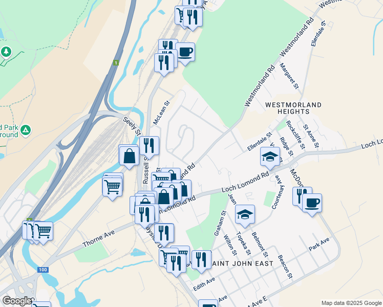 map of restaurants, bars, coffee shops, grocery stores, and more near 8 Barbara Crescent in Saint John