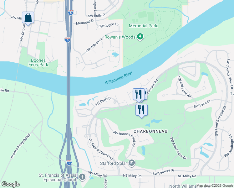 map of restaurants, bars, coffee shops, grocery stores, and more near 8425 Southwest Curry Drive in Wilsonville