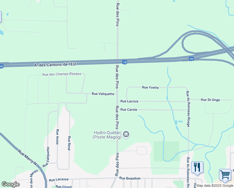map of restaurants, bars, coffee shops, grocery stores, and more near 1711 Rue des Pins in Magog