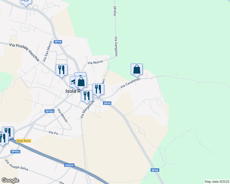 map of restaurants, bars, coffee shops, grocery stores, and more near 193 Via Casalandri in Isola Rizza