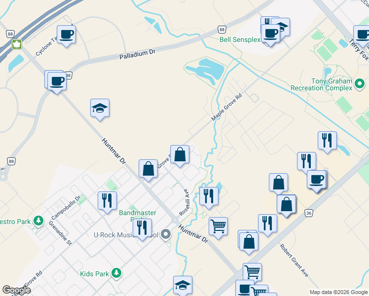 map of restaurants, bars, coffee shops, grocery stores, and more near 1692 Maple Grove Road in Ottawa