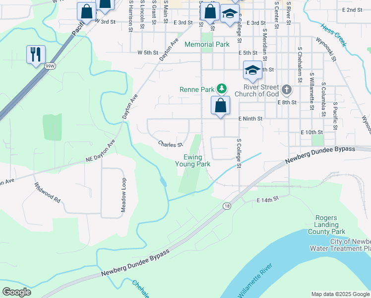 map of restaurants, bars, coffee shops, grocery stores, and more near 918 Charles Street in Newberg