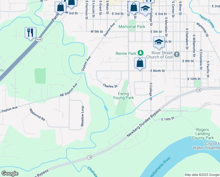 map of restaurants, bars, coffee shops, grocery stores, and more near 926 Charles Street in Newberg