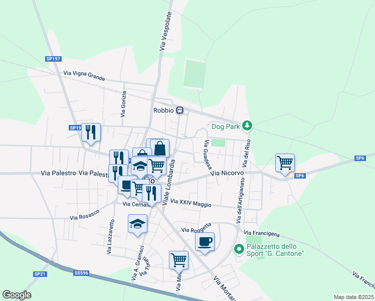 map of restaurants, bars, coffee shops, grocery stores, and more near 33 Via Ipporidie in Robbio