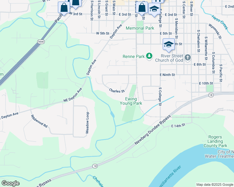 map of restaurants, bars, coffee shops, grocery stores, and more near 926 Charles Street in Newberg