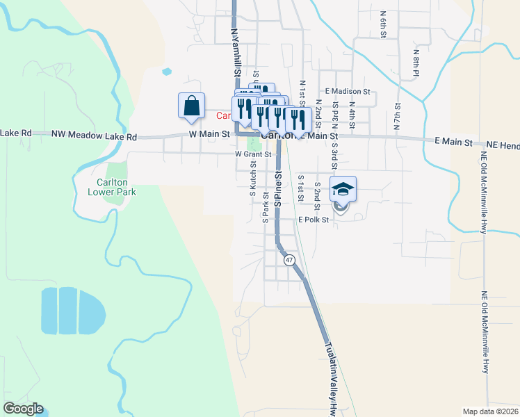 map of restaurants, bars, coffee shops, grocery stores, and more near 501 South Park Street in Carlton