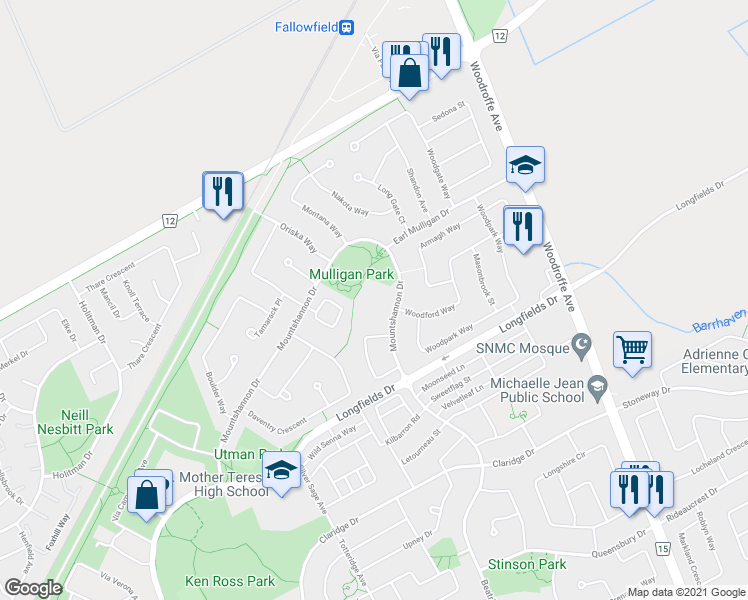 map of restaurants, bars, coffee shops, grocery stores, and more near 60 Mountshannon Drive in Nepean