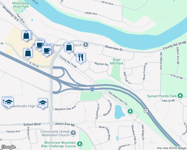 map of restaurants, bars, coffee shops, grocery stores, and more near 6094 Mill Run Road in Monticello