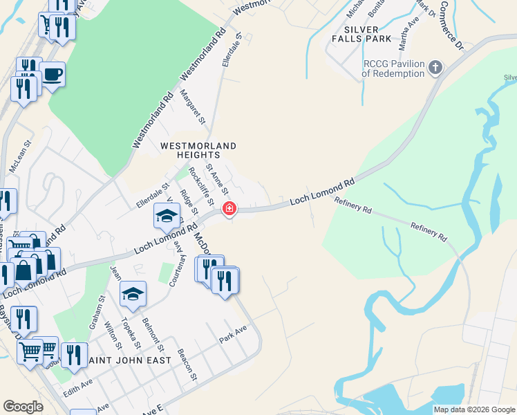map of restaurants, bars, coffee shops, grocery stores, and more near 235 Loch Lomond Road in Saint John