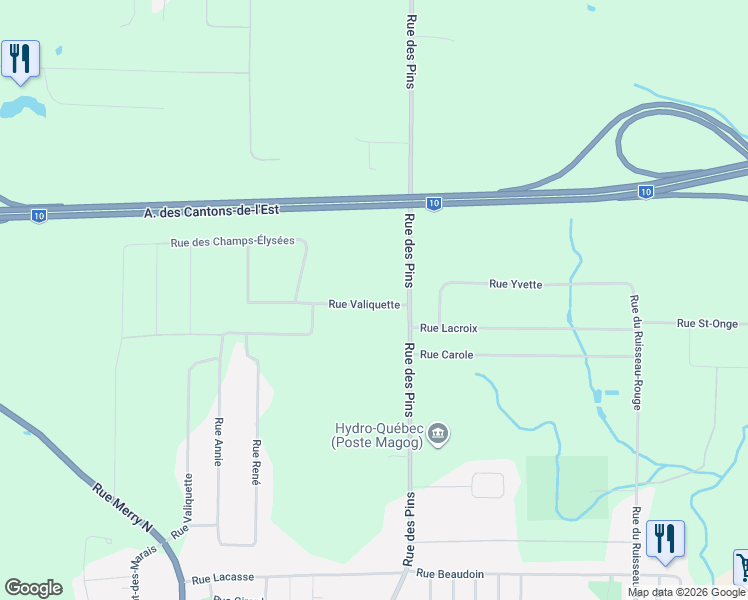map of restaurants, bars, coffee shops, grocery stores, and more near Rue Valiquette in Magog
