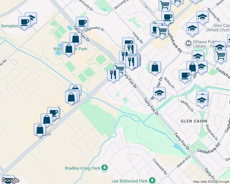 map of restaurants, bars, coffee shops, grocery stores, and more near 36 Kincardine Drive in Ottawa