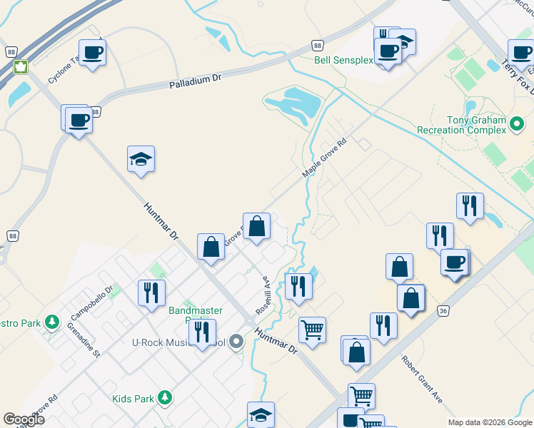 map of restaurants, bars, coffee shops, grocery stores, and more near 1692 Maple Grove Road in Ottawa
