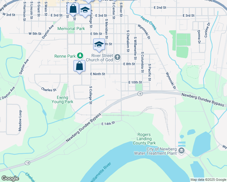 map of restaurants, bars, coffee shops, grocery stores, and more near 1004 East 11th Court in Newberg