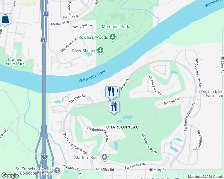 map of restaurants, bars, coffee shops, grocery stores, and more near 8062 Southwest Edgewater West in Wilsonville