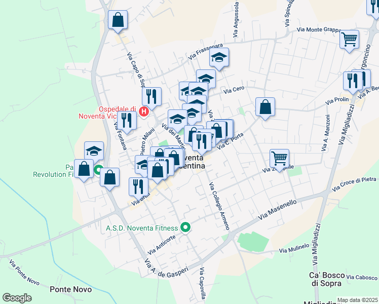 map of restaurants, bars, coffee shops, grocery stores, and more near Via C. Porta in Noventa Vicentina