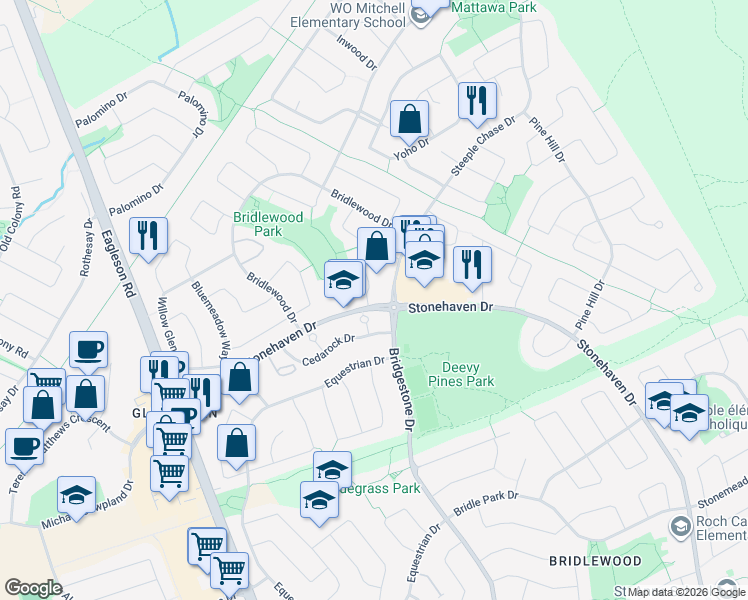map of restaurants, bars, coffee shops, grocery stores, and more near 2 Tamara Way in Ottawa