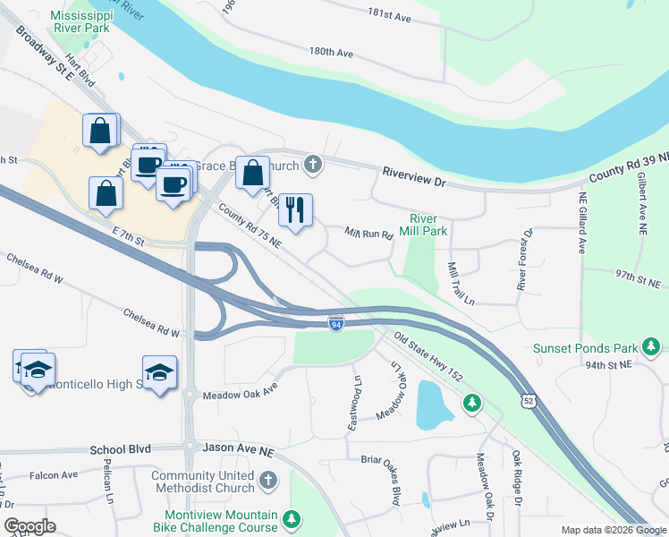 map of restaurants, bars, coffee shops, grocery stores, and more near 6094 Mill Run Road in Monticello