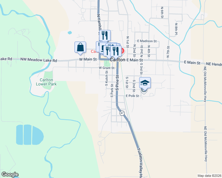 map of restaurants, bars, coffee shops, grocery stores, and more near 501 South Park Street in Carlton