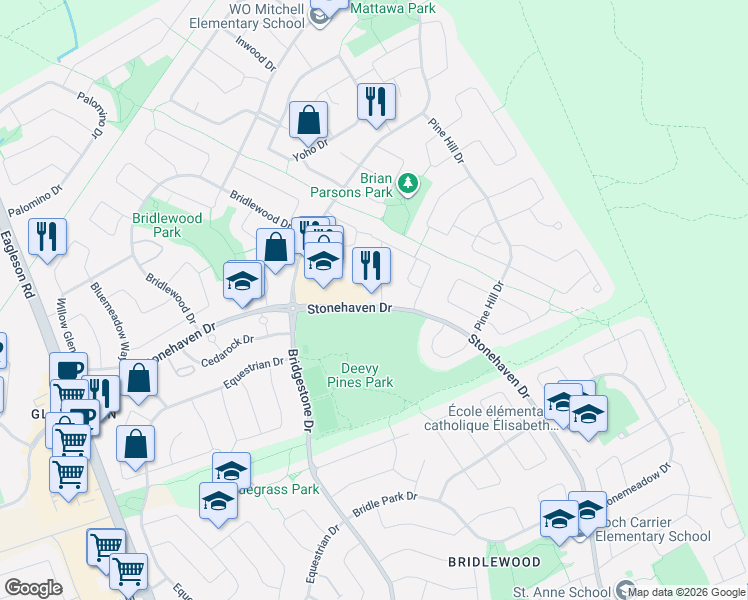 map of restaurants, bars, coffee shops, grocery stores, and more near 80A Stonehaven Drive in Ottawa