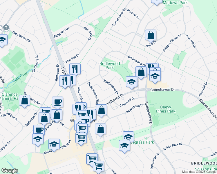 map of restaurants, bars, coffee shops, grocery stores, and more near 39 Huntings End Avenue in Ottawa