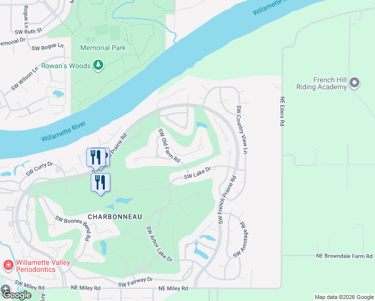 map of restaurants, bars, coffee shops, grocery stores, and more near 7345 Southwest Lake Bluff Court in Wilsonville