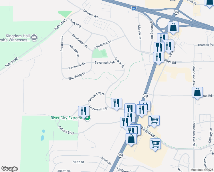 map of restaurants, bars, coffee shops, grocery stores, and more near 9684 Park Place Drive in Monticello