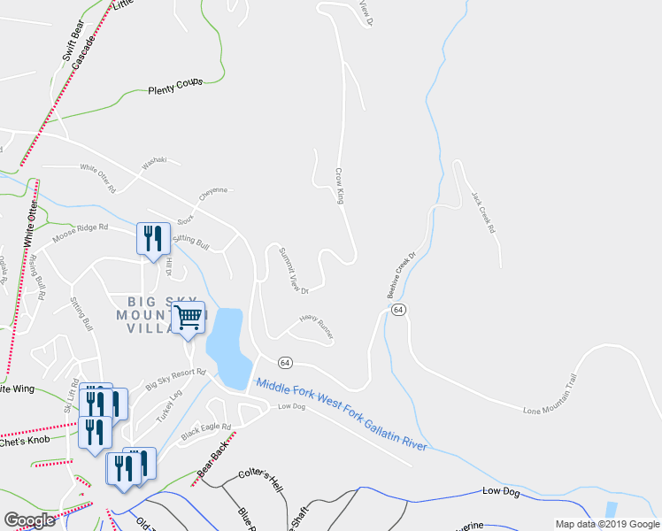 map of restaurants, bars, coffee shops, grocery stores, and more near 34 Summit View Drive in Big Sky