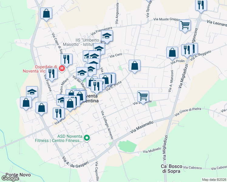 map of restaurants, bars, coffee shops, grocery stores, and more near 12 Via Ungheria in Noventa Vicentina