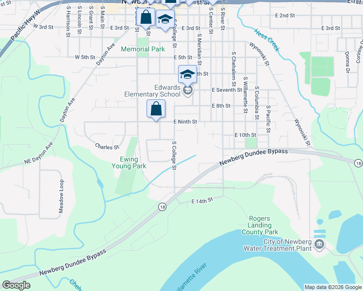 map of restaurants, bars, coffee shops, grocery stores, and more near 802 East 9th Street in Newberg