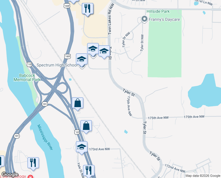 map of restaurants, bars, coffee shops, grocery stores, and more near 17610 Tyler Street Northwest in Elk River