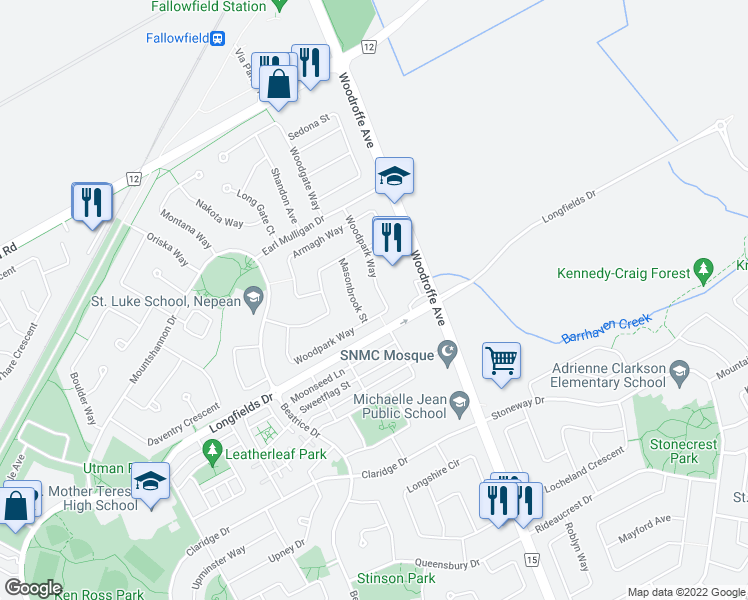 map of restaurants, bars, coffee shops, grocery stores, and more near 101 Woodpark Way in Ottawa