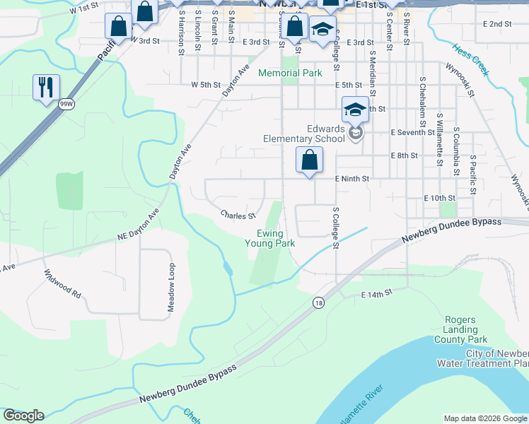 map of restaurants, bars, coffee shops, grocery stores, and more near 918 Charles Street in Newberg