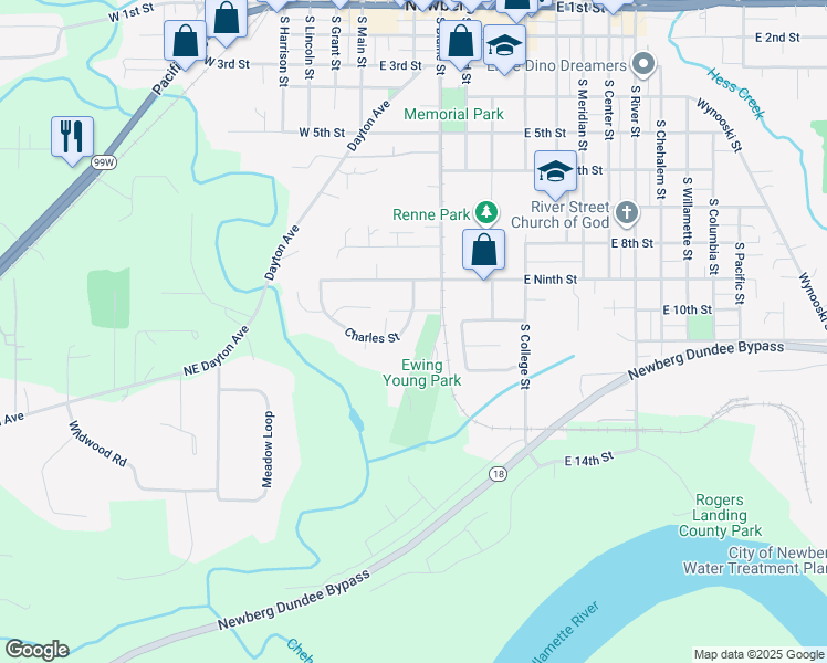 map of restaurants, bars, coffee shops, grocery stores, and more near 918 Charles Street in Newberg