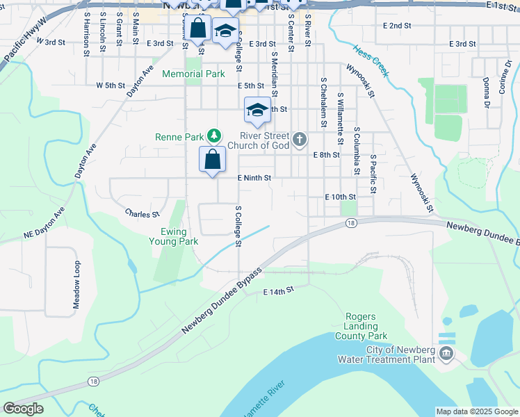 map of restaurants, bars, coffee shops, grocery stores, and more near 802 East 9th Street in Newberg