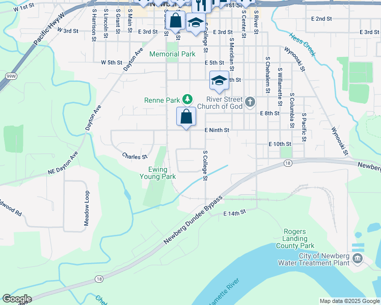 map of restaurants, bars, coffee shops, grocery stores, and more near 508 Michelle Court in Newberg