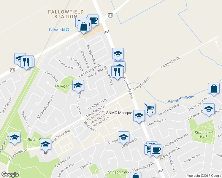 map of restaurants, bars, coffee shops, grocery stores, and more near 107 Woodpark Way in Ottawa