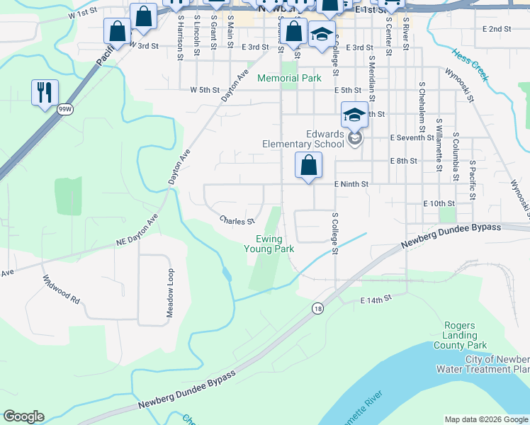 map of restaurants, bars, coffee shops, grocery stores, and more near 918 Charles Street in Newberg