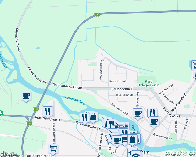 map of restaurants, bars, coffee shops, grocery stores, and more near 1110 Rue des Rosiers in Farnham