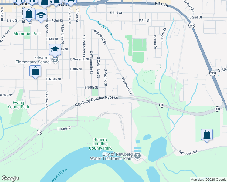 map of restaurants, bars, coffee shops, grocery stores, and more near 1500 East 11th Street in Newberg