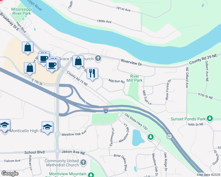 map of restaurants, bars, coffee shops, grocery stores, and more near 6094 Mill Run Road in Monticello
