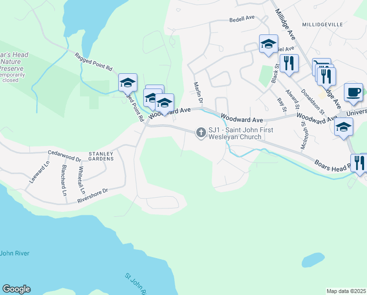 map of restaurants, bars, coffee shops, grocery stores, and more near 10 Charlie Grace Terrace in Saint John