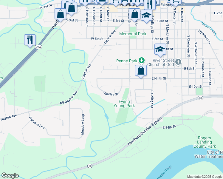 map of restaurants, bars, coffee shops, grocery stores, and more near 926 Charles Street in Newberg