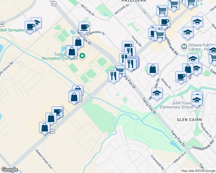 map of restaurants, bars, coffee shops, grocery stores, and more near 223 Kincardine Drive in Ottawa