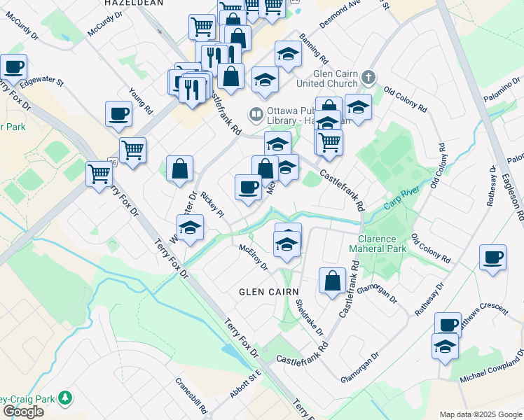 map of restaurants, bars, coffee shops, grocery stores, and more near 48 McKitrick Drive in Ottawa