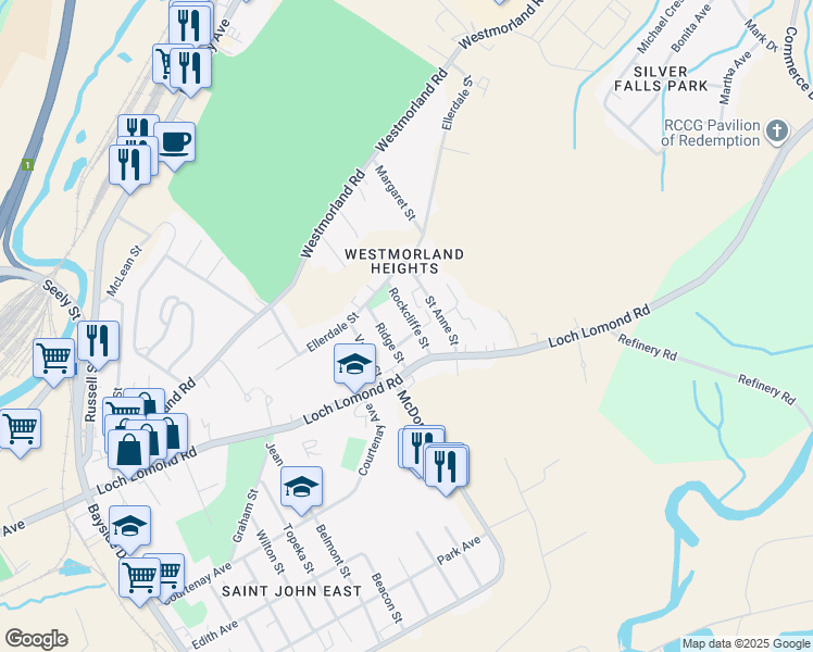map of restaurants, bars, coffee shops, grocery stores, and more near 13 Rockcliffe Street in Saint John